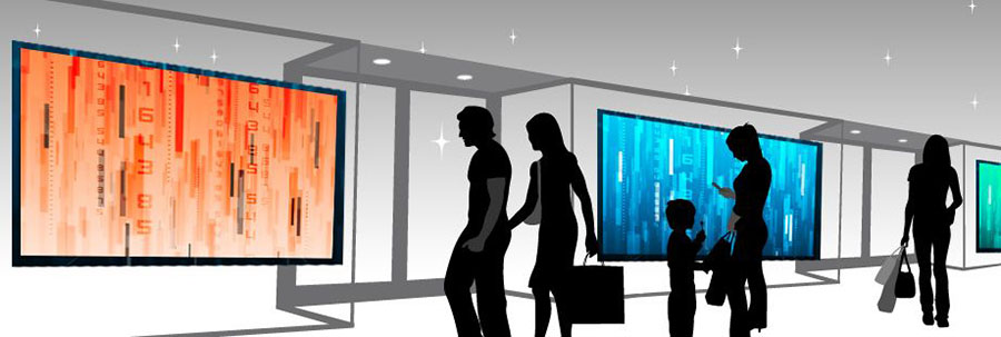 Контуры разных людей на фоне экранов с интерактивной динамической рекламой
