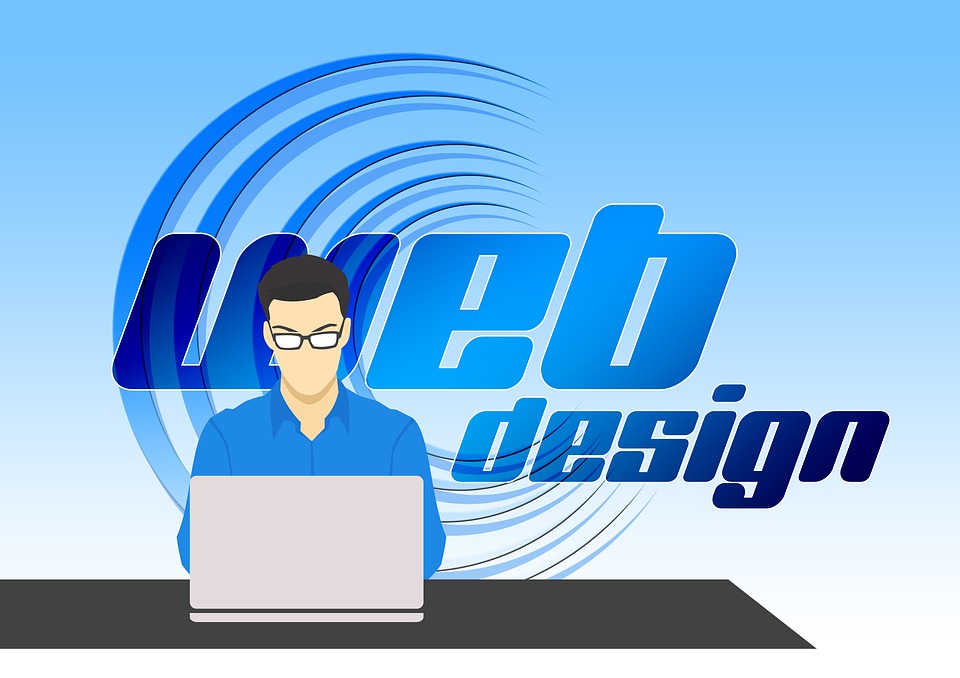 Рисунок с изображением мужчины, сидящего за ноутбуком на фоне надписи Web design